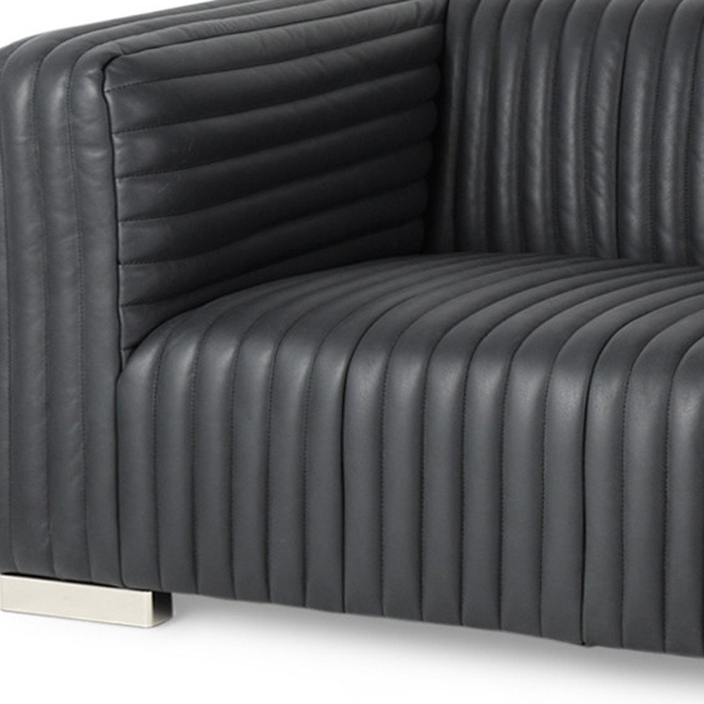 Black Leather Sofa with Silver Legs - 83-inch