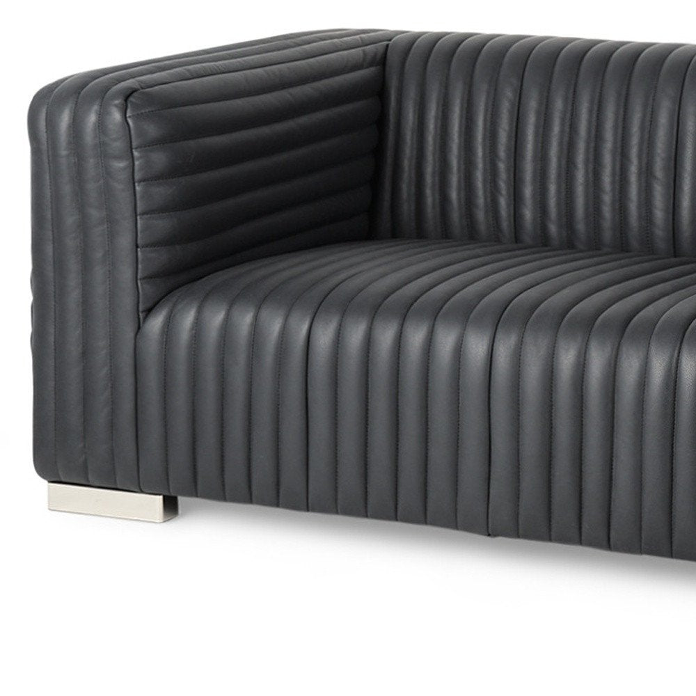 Black Leather Sofa with Silver Legs - 83-inch