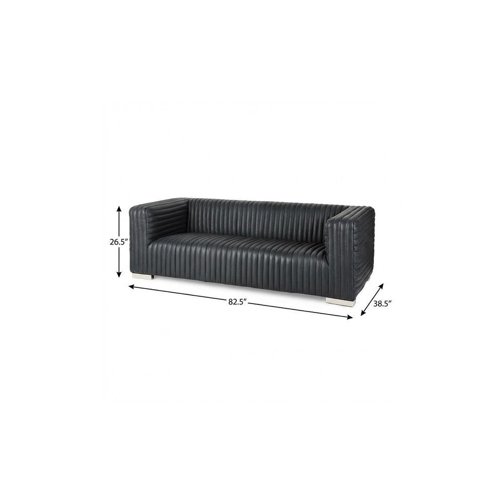 Black Leather Sofa with Silver Legs - 83-inch
