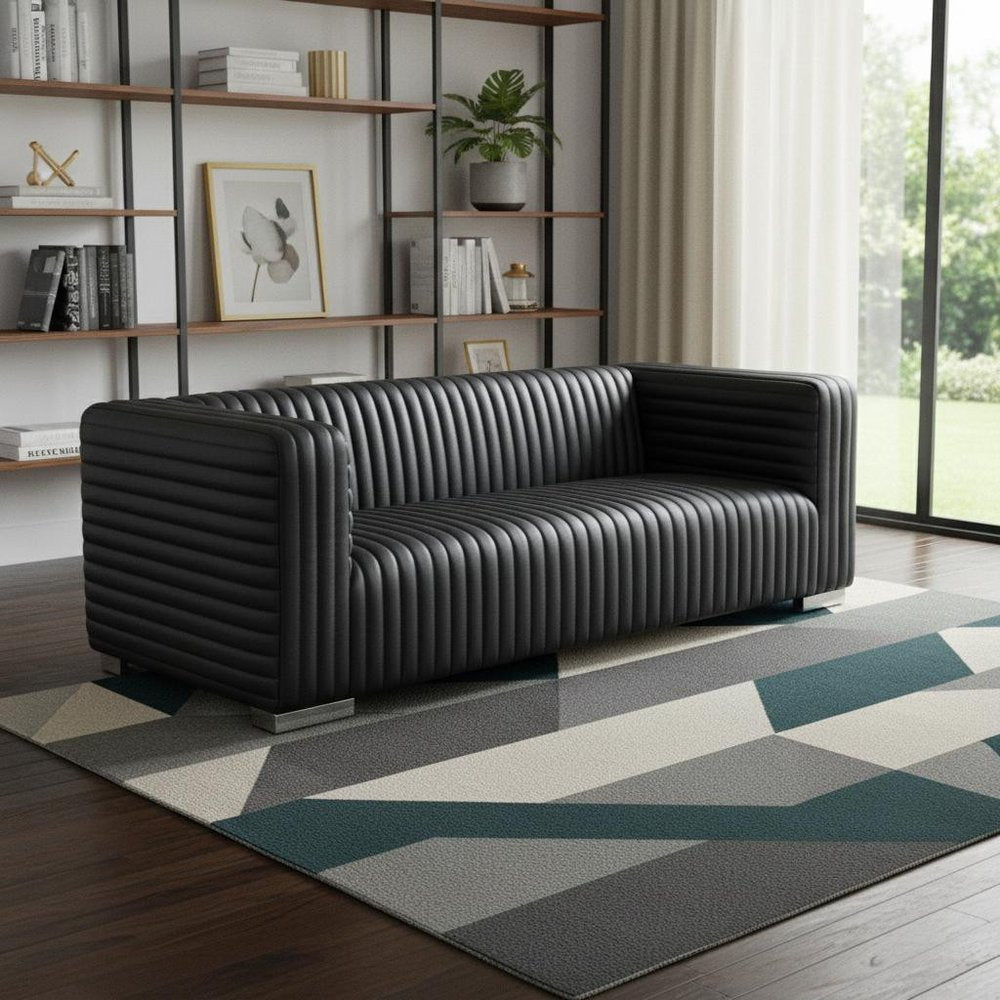 Black Leather Sofa with Silver Legs - 83-inch