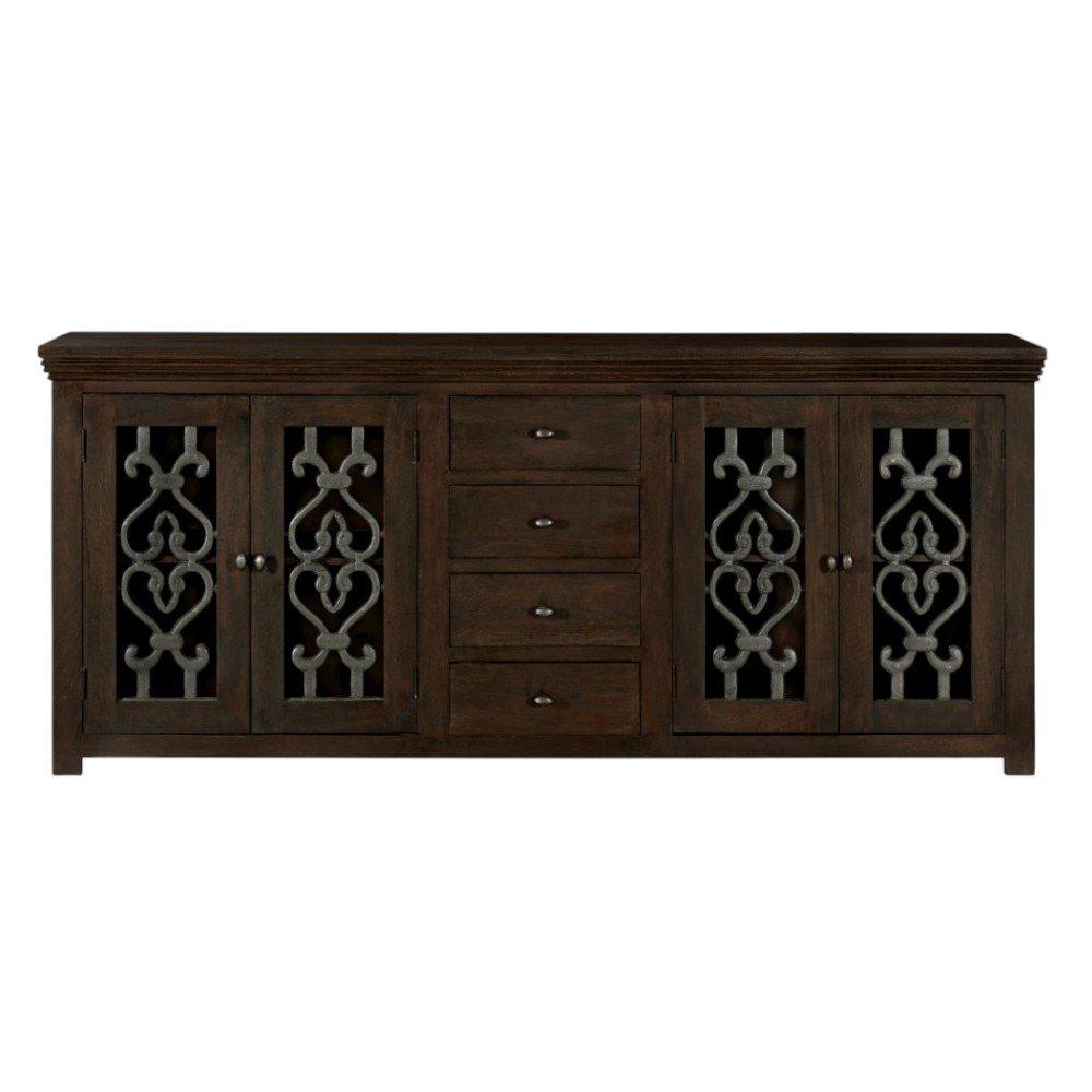Brown Distressed Solid Wood Four Drawer Sideboard with Four Glass Doors