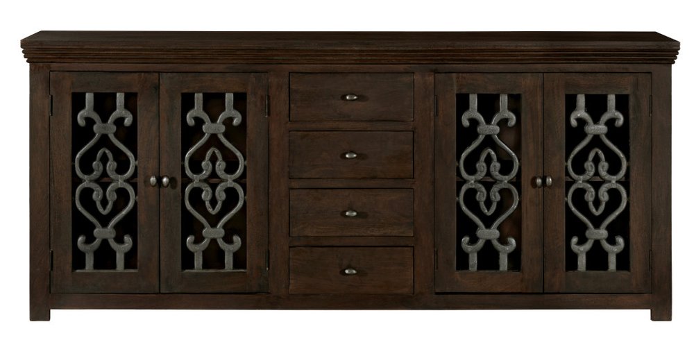 Brown Distressed Solid Wood Four Drawer Sideboard with Four Glass Doors
