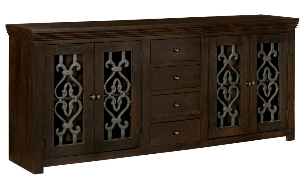 Brown Distressed Solid Wood Four Drawer Sideboard with Four Glass Doors