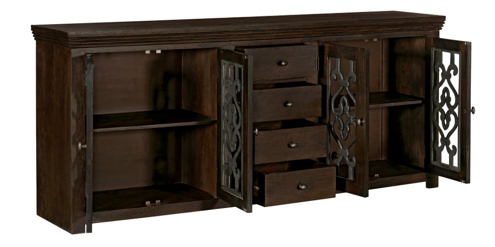 Brown Distressed Solid Wood Four Drawer Sideboard with Four Glass Doors