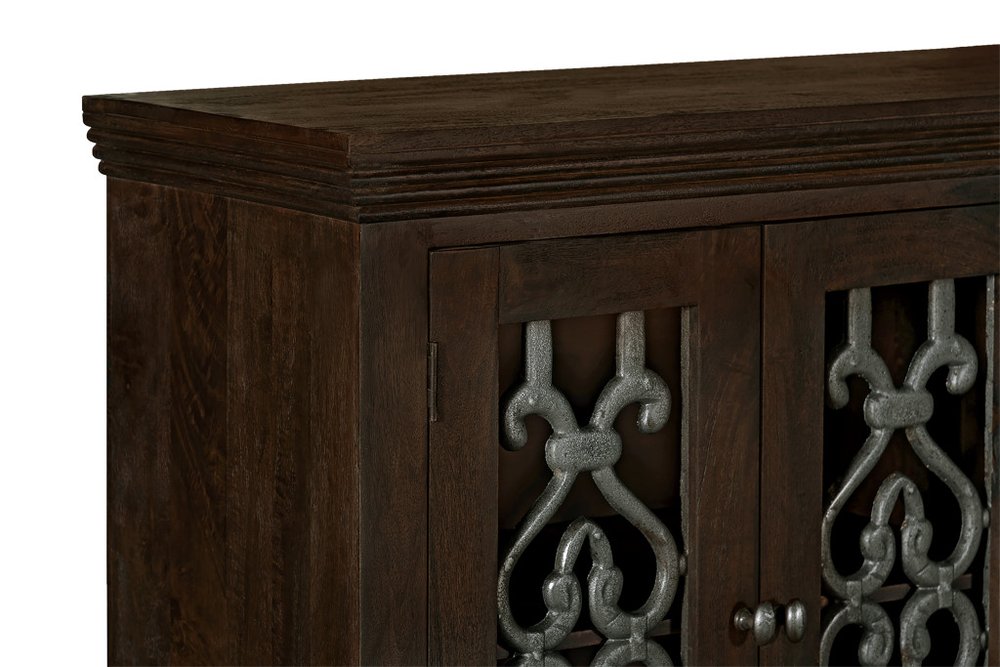 Brown Distressed Solid Wood Four Drawer Sideboard with Four Glass Doors