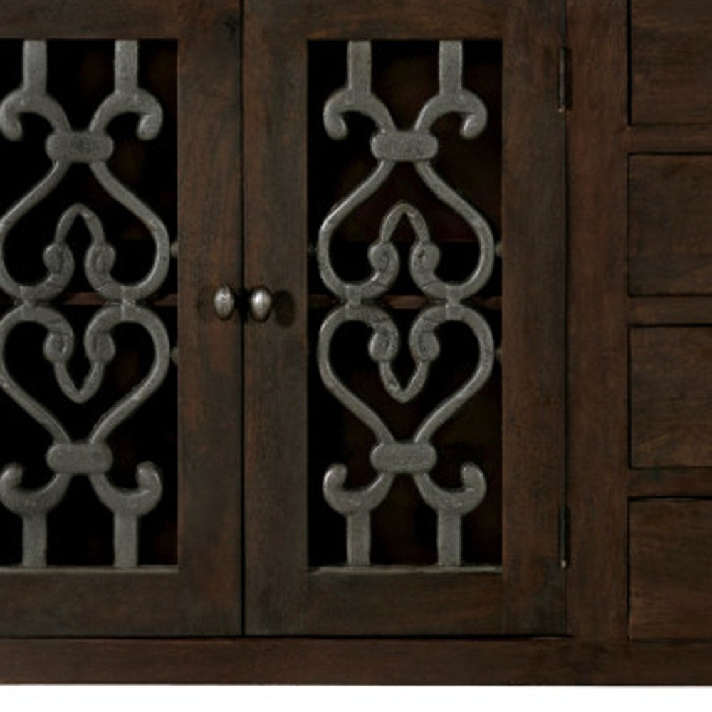 Brown Distressed Solid Wood Four Drawer Sideboard with Four Glass Doors