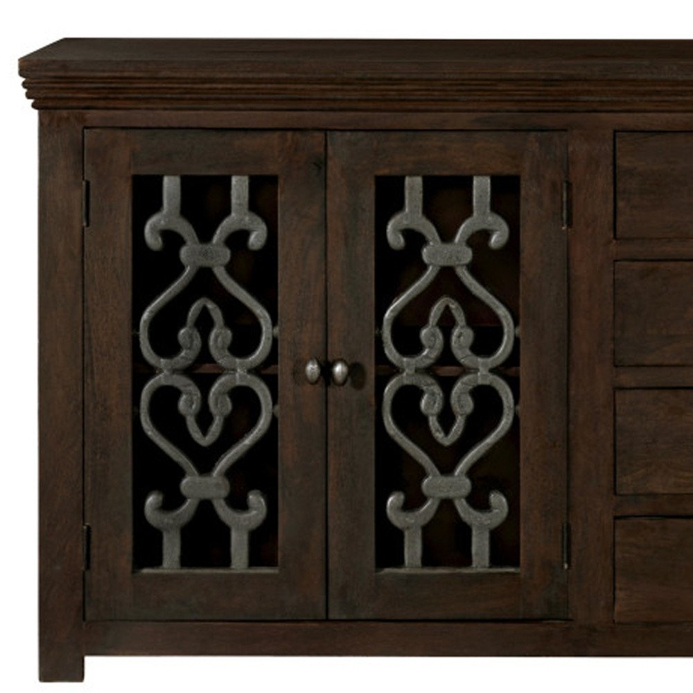 Brown Distressed Solid Wood Four Drawer Sideboard with Four Glass Doors