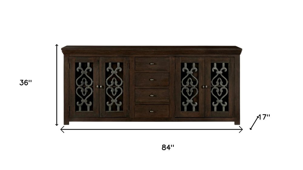Brown Distressed Solid Wood Four Drawer Sideboard with Four Glass Doors