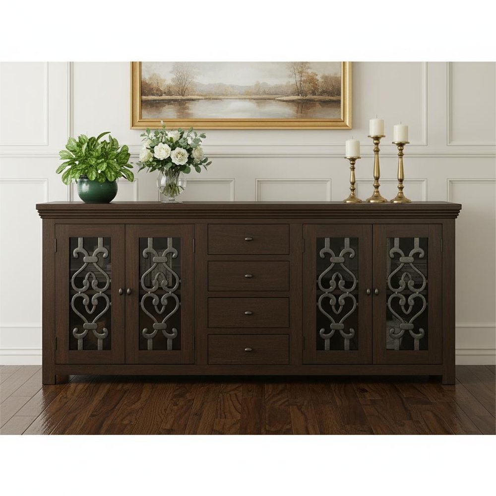 Brown Distressed Solid Wood Four Drawer Sideboard with Four Glass Doors