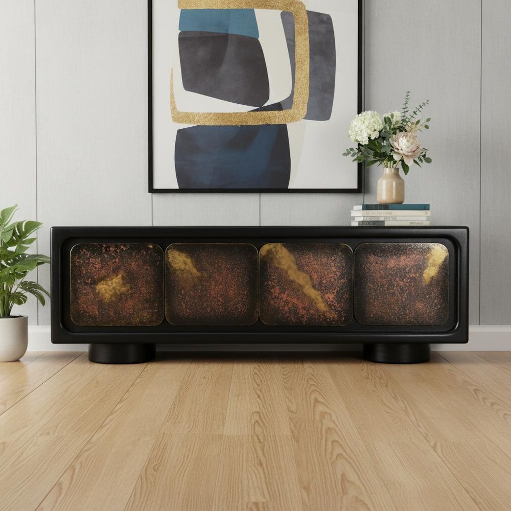 Black Distressed Solid Wood Sideboard with Four Doors - 75-inch