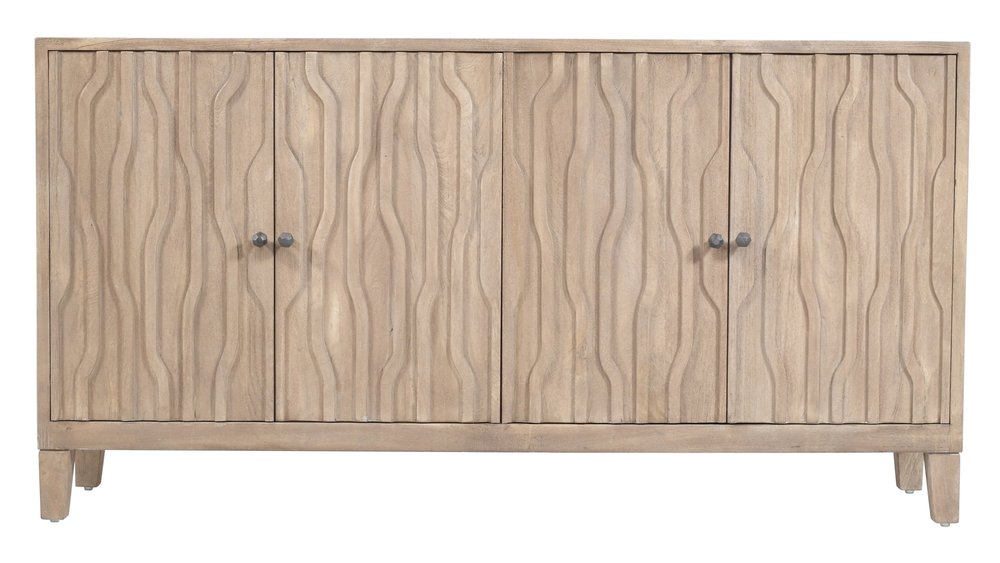 Ivory Distressed Reclaimed Wood Carved Geometric Sideboard with Four Doors