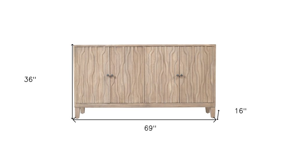Ivory Distressed Reclaimed Wood Carved Geometric Sideboard with Four Doors