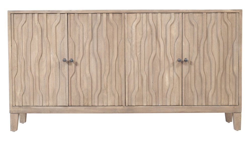Ivory Distressed Reclaimed Wood Carved Geometric Sideboard with Four Doors