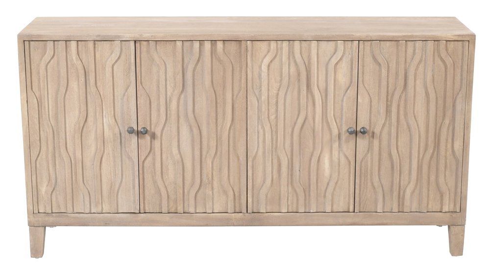 Ivory Distressed Reclaimed Wood Carved Geometric Sideboard with Four Doors