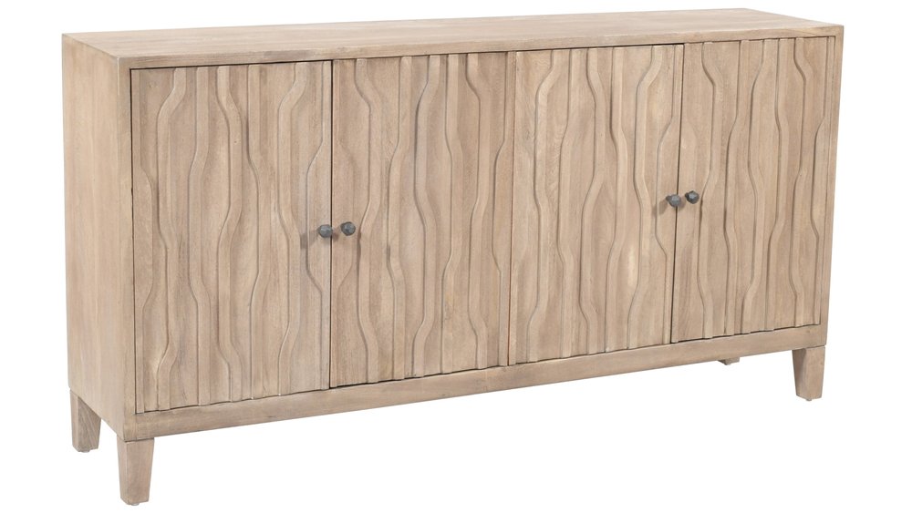 Ivory Distressed Reclaimed Wood Carved Geometric Sideboard with Four Doors