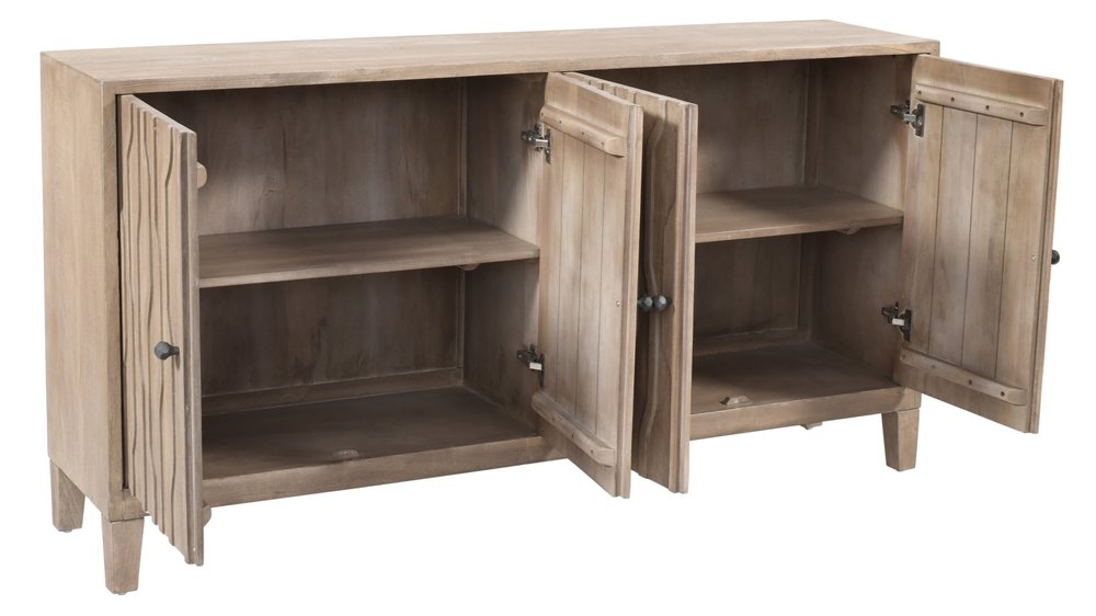 Ivory Distressed Reclaimed Wood Carved Geometric Sideboard with Four Doors