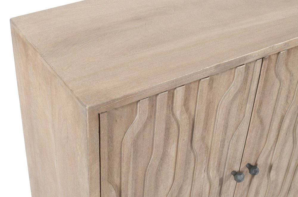 Ivory Distressed Reclaimed Wood Carved Geometric Sideboard with Four Doors