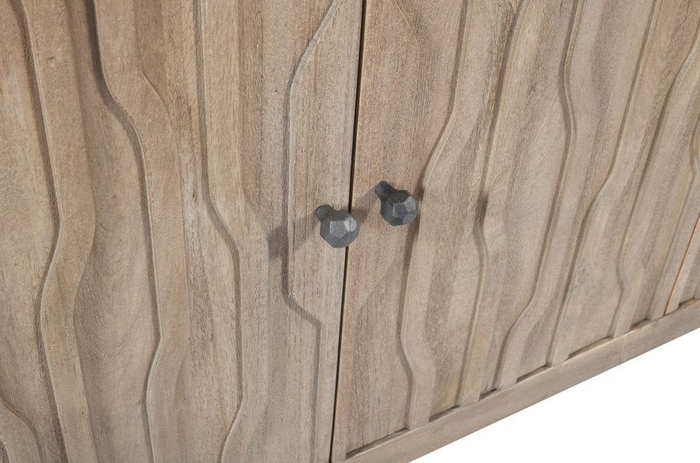 Ivory Distressed Reclaimed Wood Carved Geometric Sideboard with Four Doors