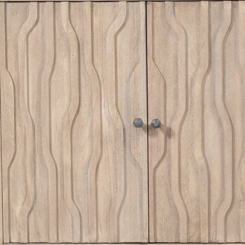 Ivory Distressed Reclaimed Wood Carved Geometric Sideboard with Four Doors