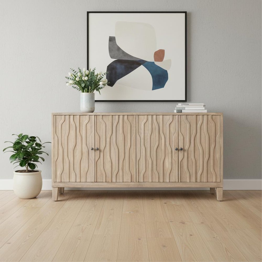 Ivory Distressed Reclaimed Wood Carved Geometric Sideboard with Four Doors
