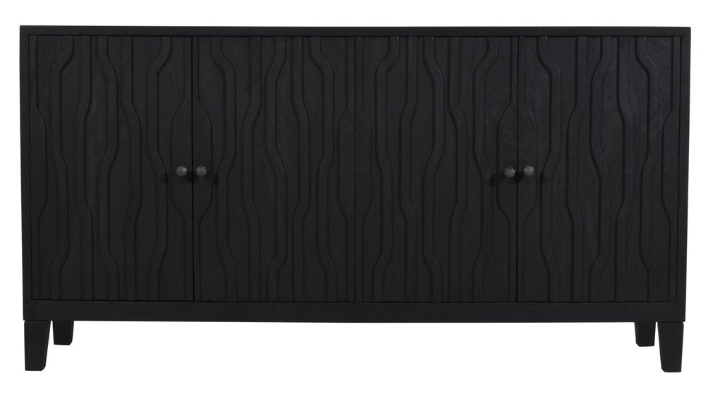 Graphite Distressed Reclaimed Wood Carved Geometric Sideboard with Four Doors