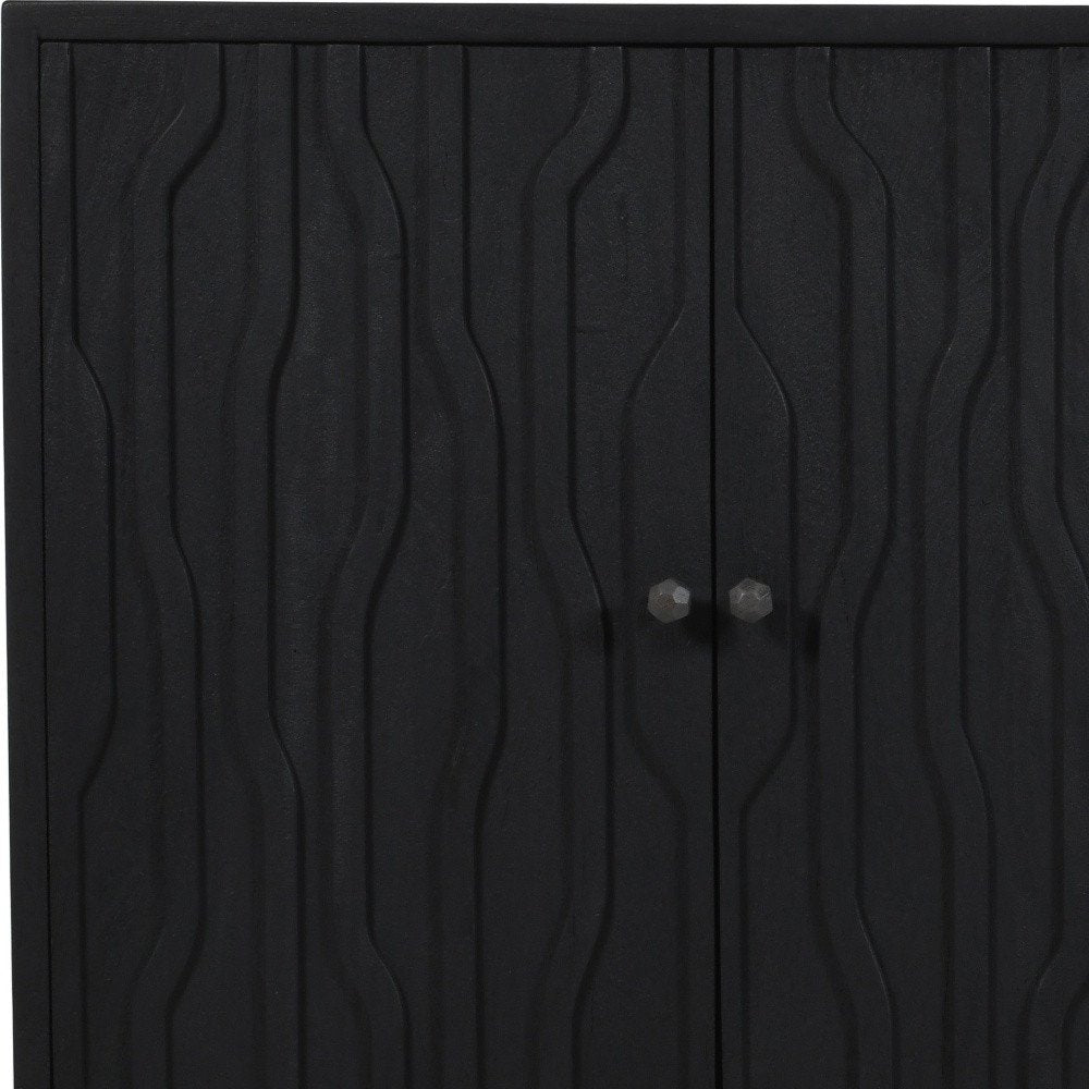 Graphite Distressed Reclaimed Wood Carved Geometric Sideboard with Four Doors
