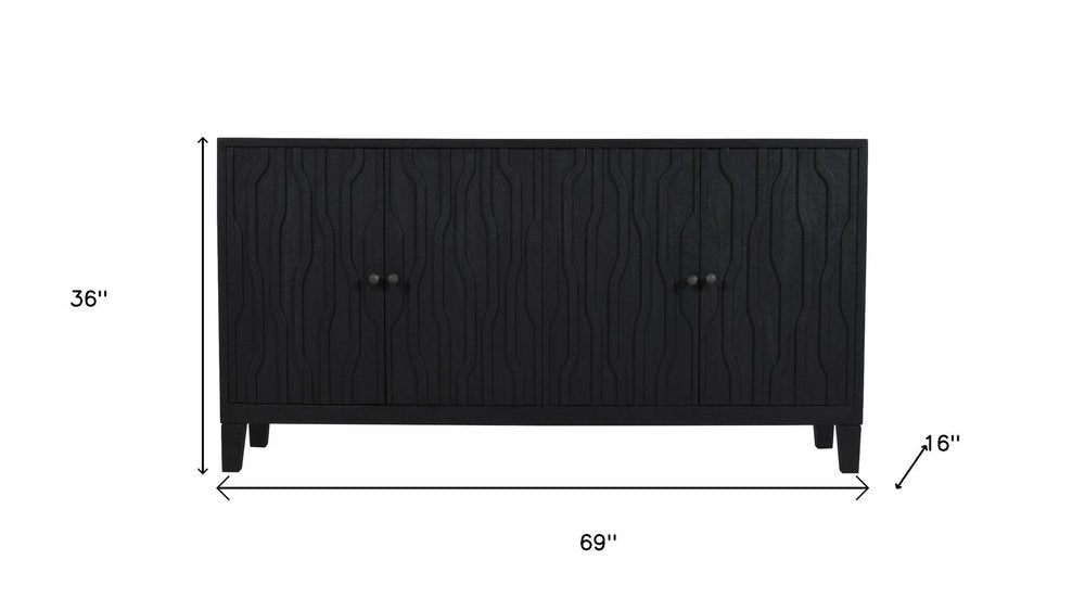 Graphite Distressed Reclaimed Wood Carved Geometric Sideboard with Four Doors