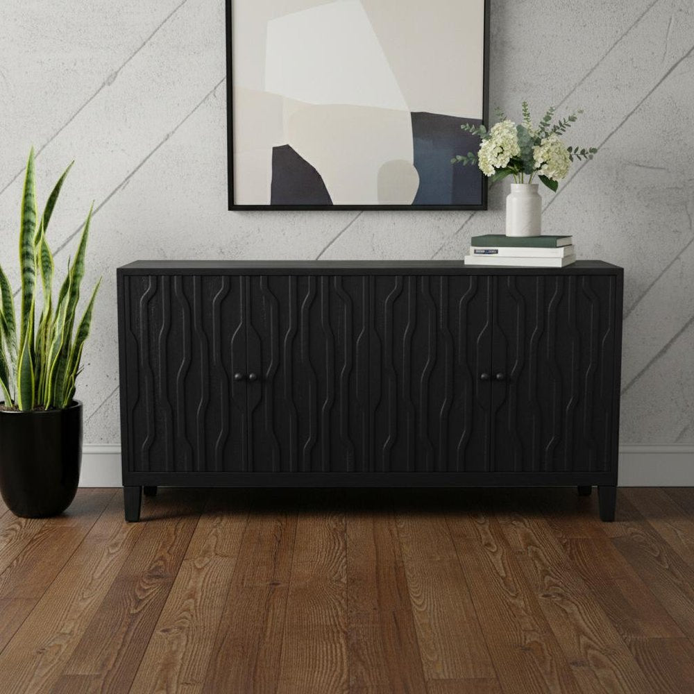 Graphite Distressed Reclaimed Wood Carved Geometric Sideboard with Four Doors
