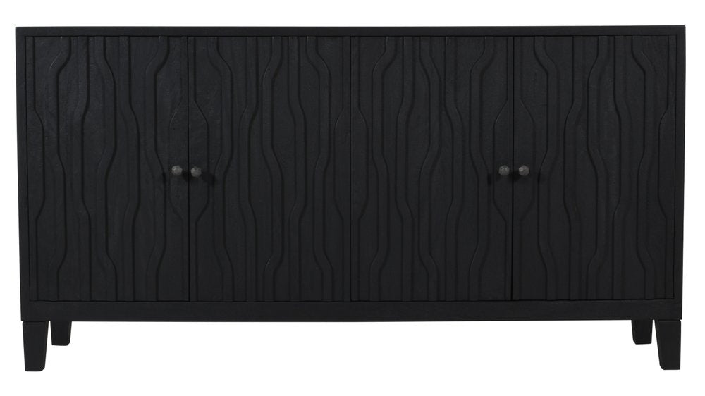 Graphite Distressed Reclaimed Wood Carved Geometric Sideboard with Four Doors