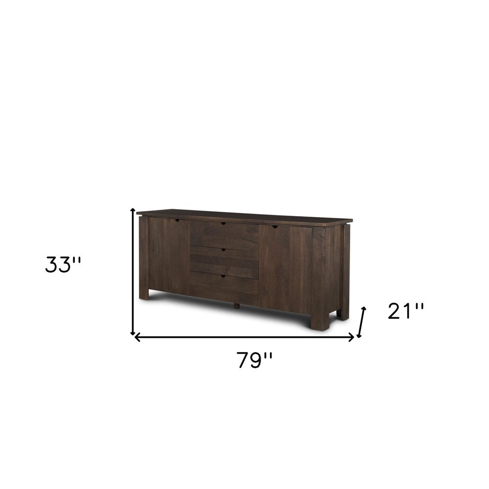 Brown Solid Wood Three Drawer Sideboard Soft Close with Two Doors - 79-inch