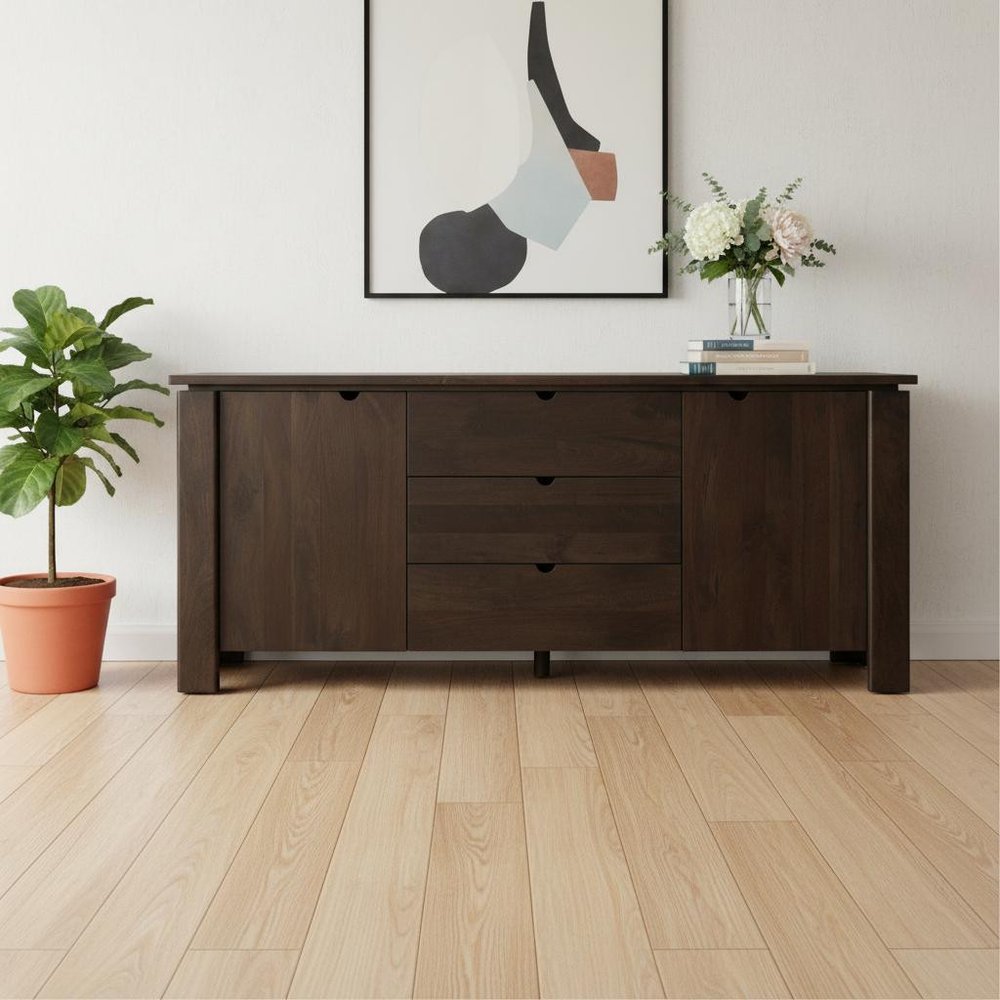 Brown Solid Wood Three Drawer Sideboard Soft Close with Two Doors - 79-inch