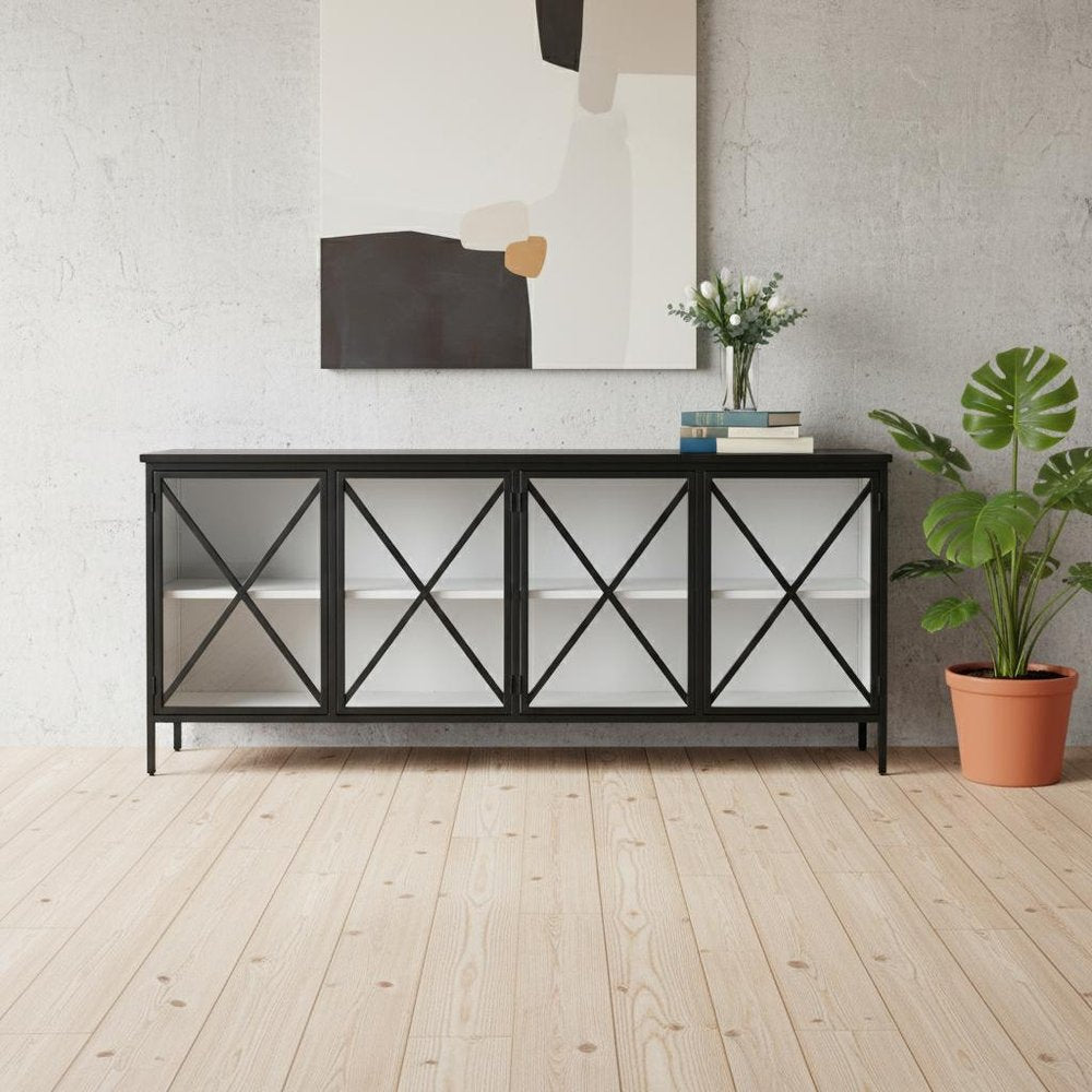 Black and White Iron Sideboard Soft Close with Four Glass Doors - 79-inch