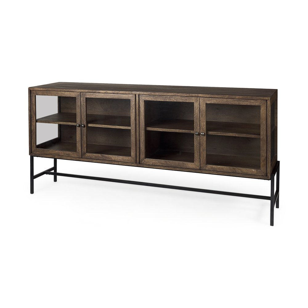 Black and Brown Solid Wood Sideboard Soft Close with Four Glass Doors - 70-inch