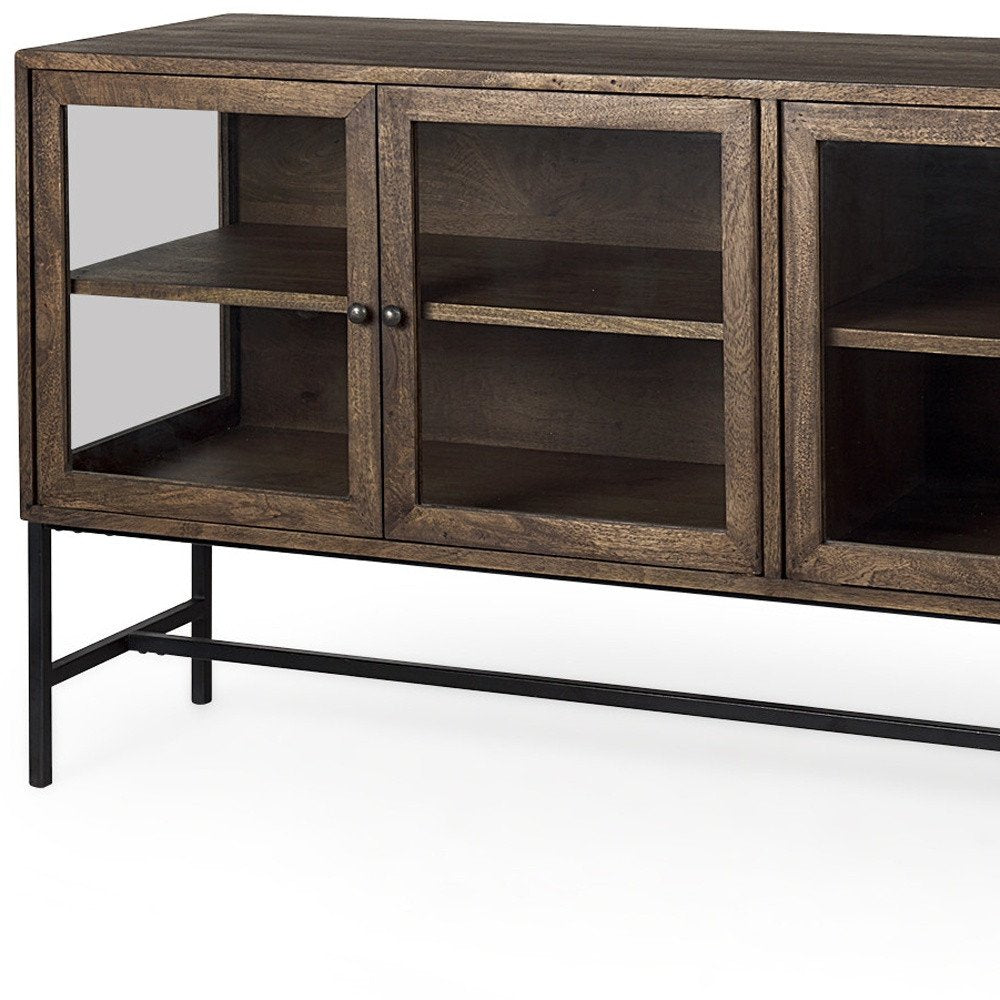 Black and Brown Solid Wood Sideboard Soft Close with Four Glass Doors - 70-inch