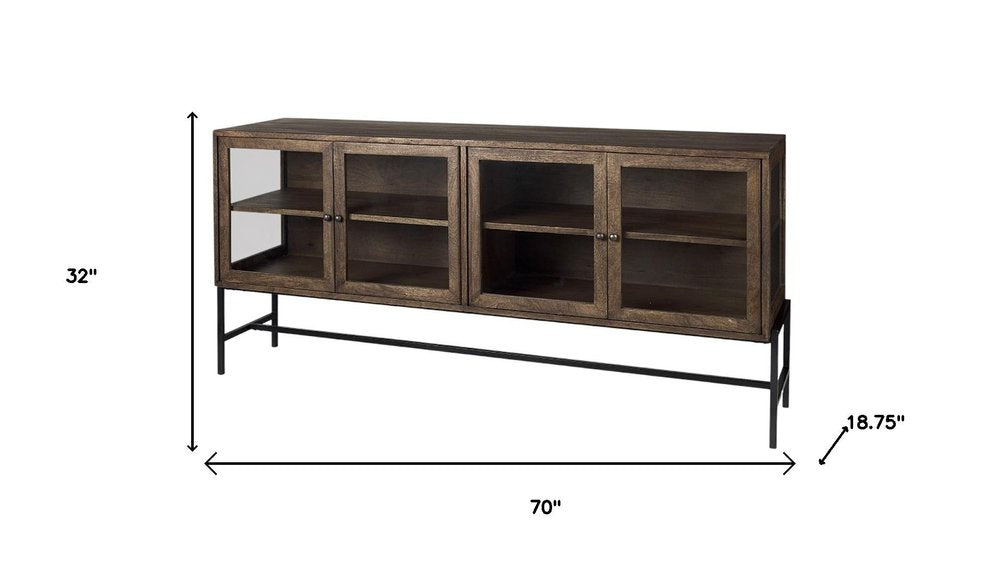 Black and Brown Solid Wood Sideboard Soft Close with Four Glass Doors - 70-inch