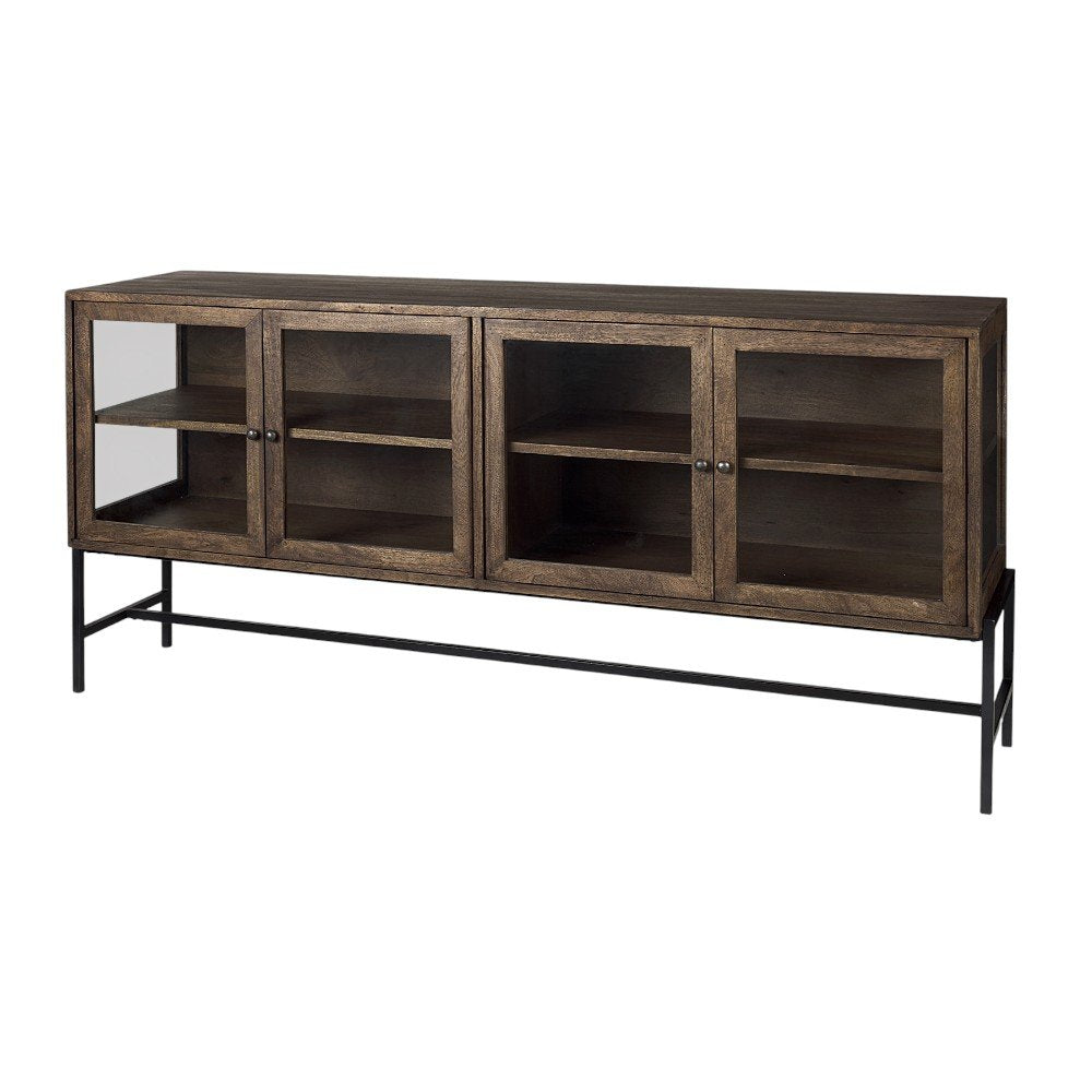 Black and Brown Solid Wood Sideboard Soft Close with Four Glass Doors - 70-inch