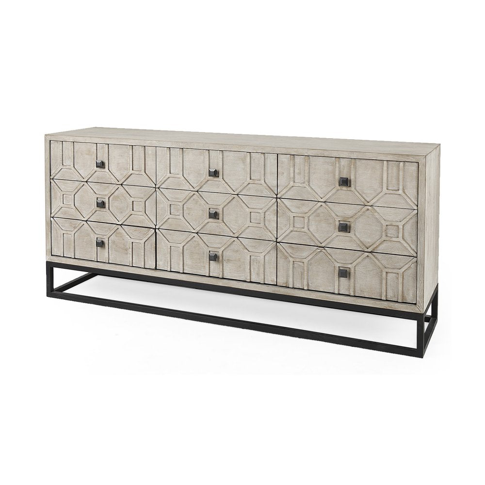 Light Brown Wood Carved Geometric Nine Drawer Sideboard - 70-inch