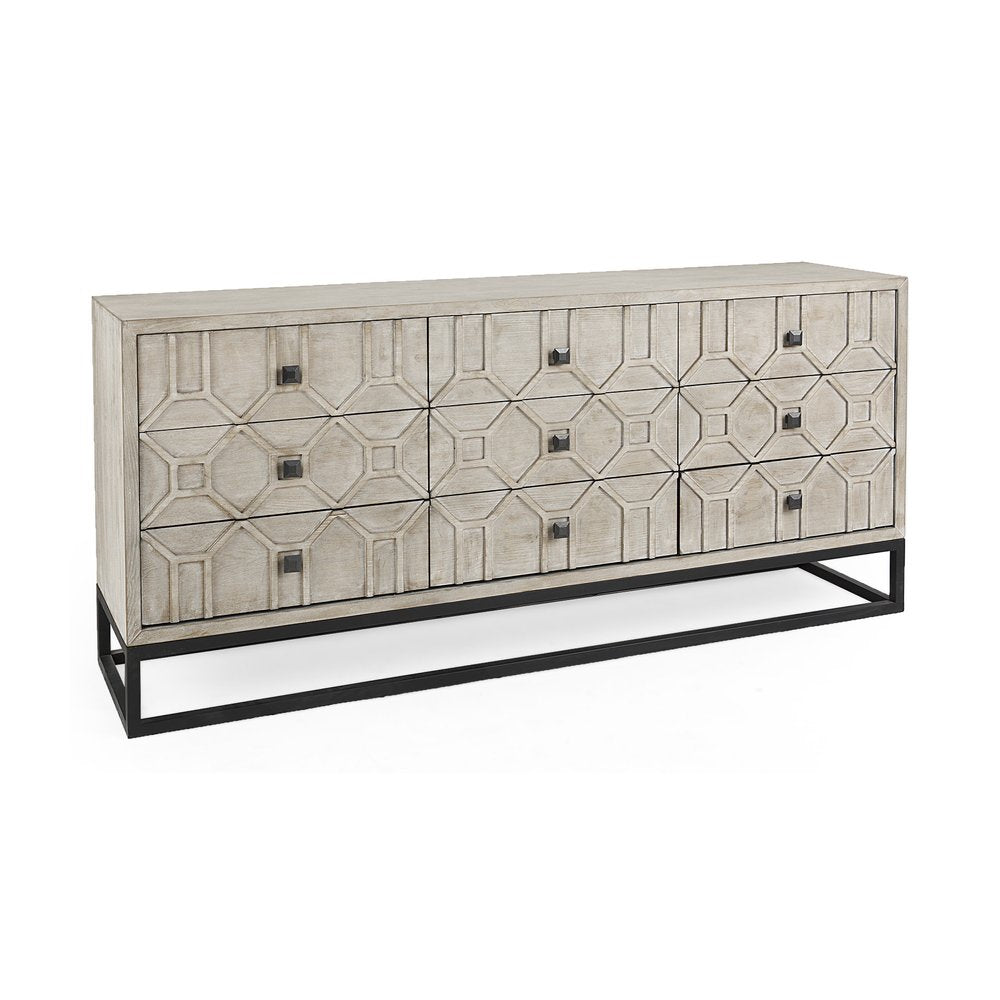 Light Brown Wood Carved Geometric Nine Drawer Sideboard - 70-inch