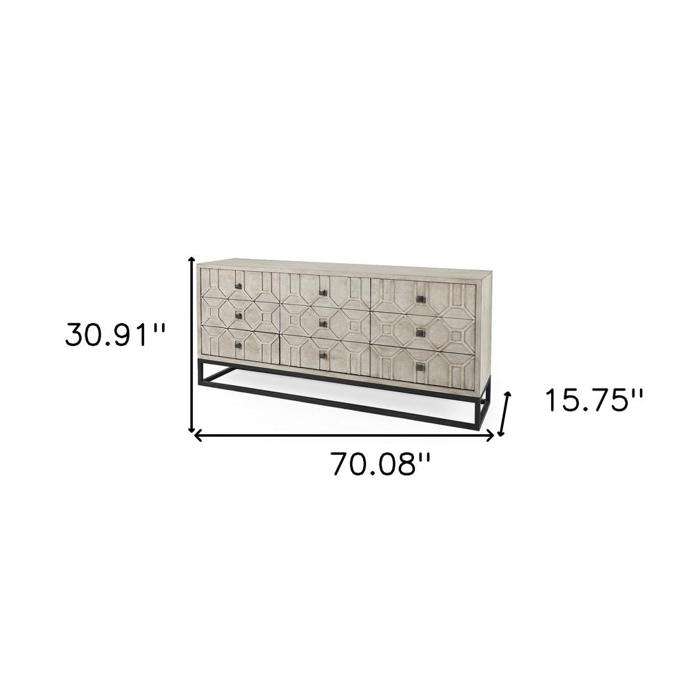 Light Brown Wood Carved Geometric Nine Drawer Sideboard - 70-inch