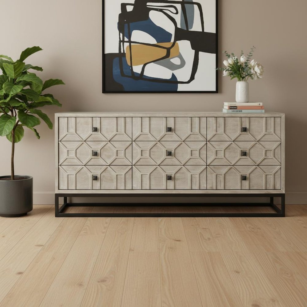 Light Brown Wood Carved Geometric Nine Drawer Sideboard - 70-inch