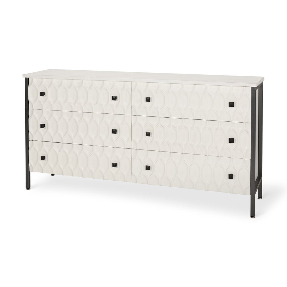 Gray and White Wood Carved Geometric Six Drawer Sideboard - 63-inch