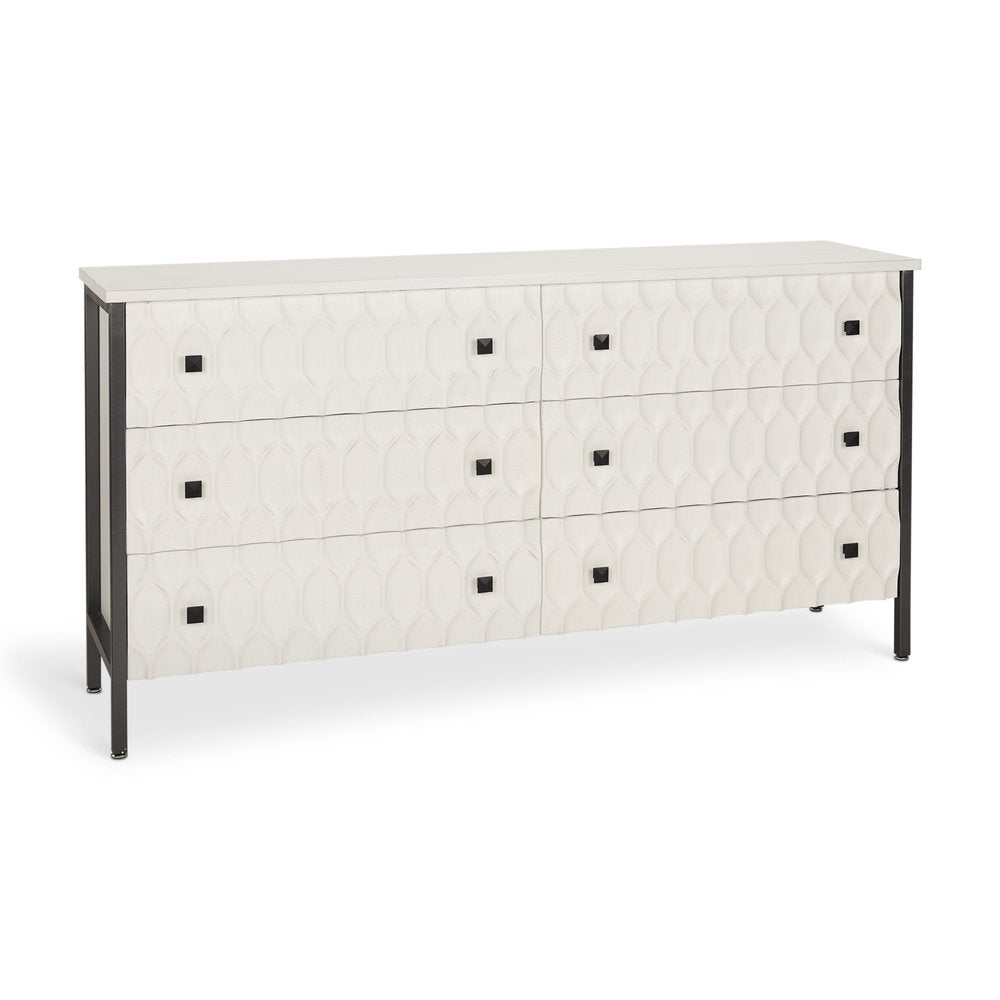 Gray and White Wood Carved Geometric Six Drawer Sideboard - 63-inch