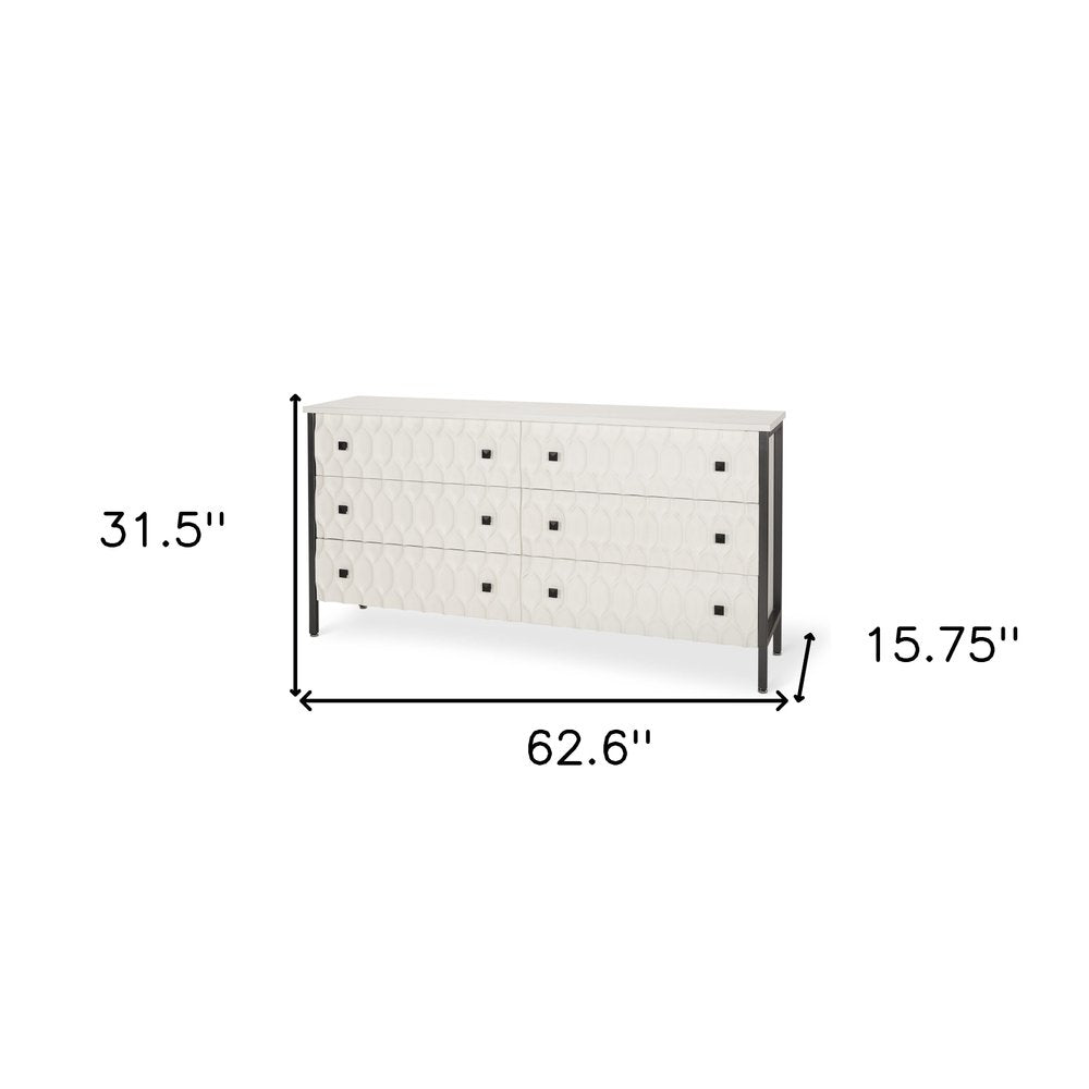 Gray and White Wood Carved Geometric Six Drawer Sideboard - 63-inch