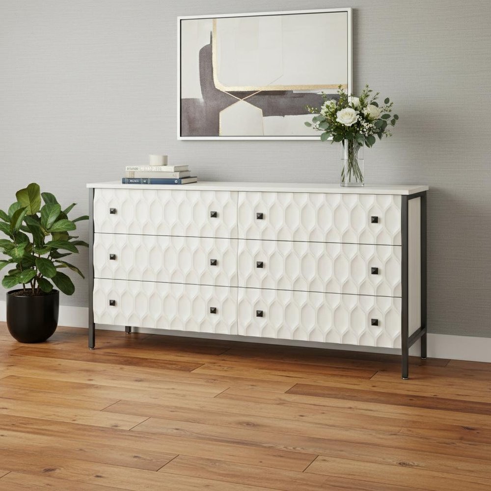 Gray and White Wood Carved Geometric Six Drawer Sideboard - 63-inch