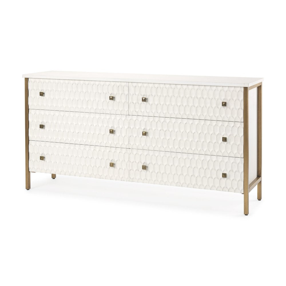 Gold and White Wood Carved Geometric Six Drawer Sideboard - 63-inch