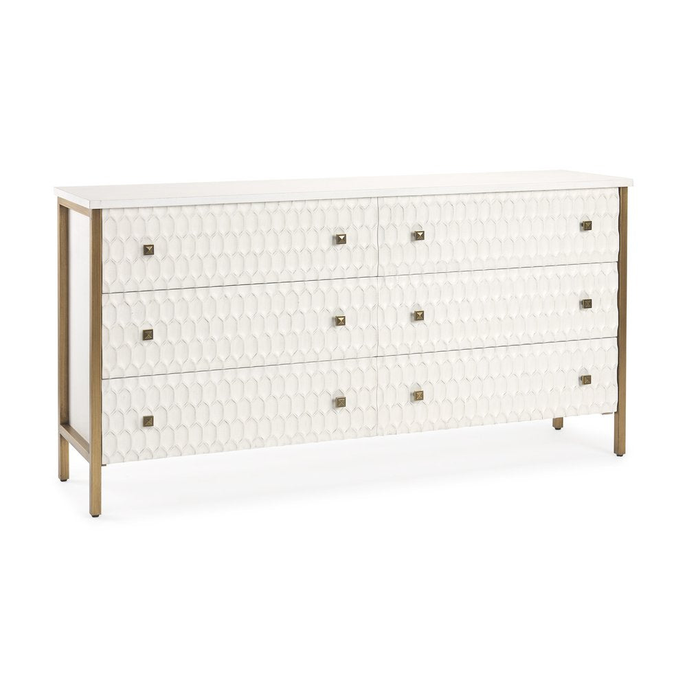 Gold and White Wood Carved Geometric Six Drawer Sideboard - 63-inch