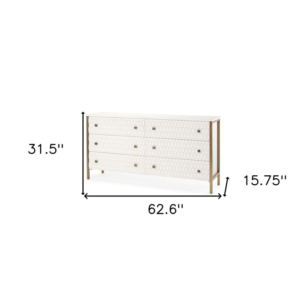 Gold and White Wood Carved Geometric Six Drawer Sideboard - 63-inch