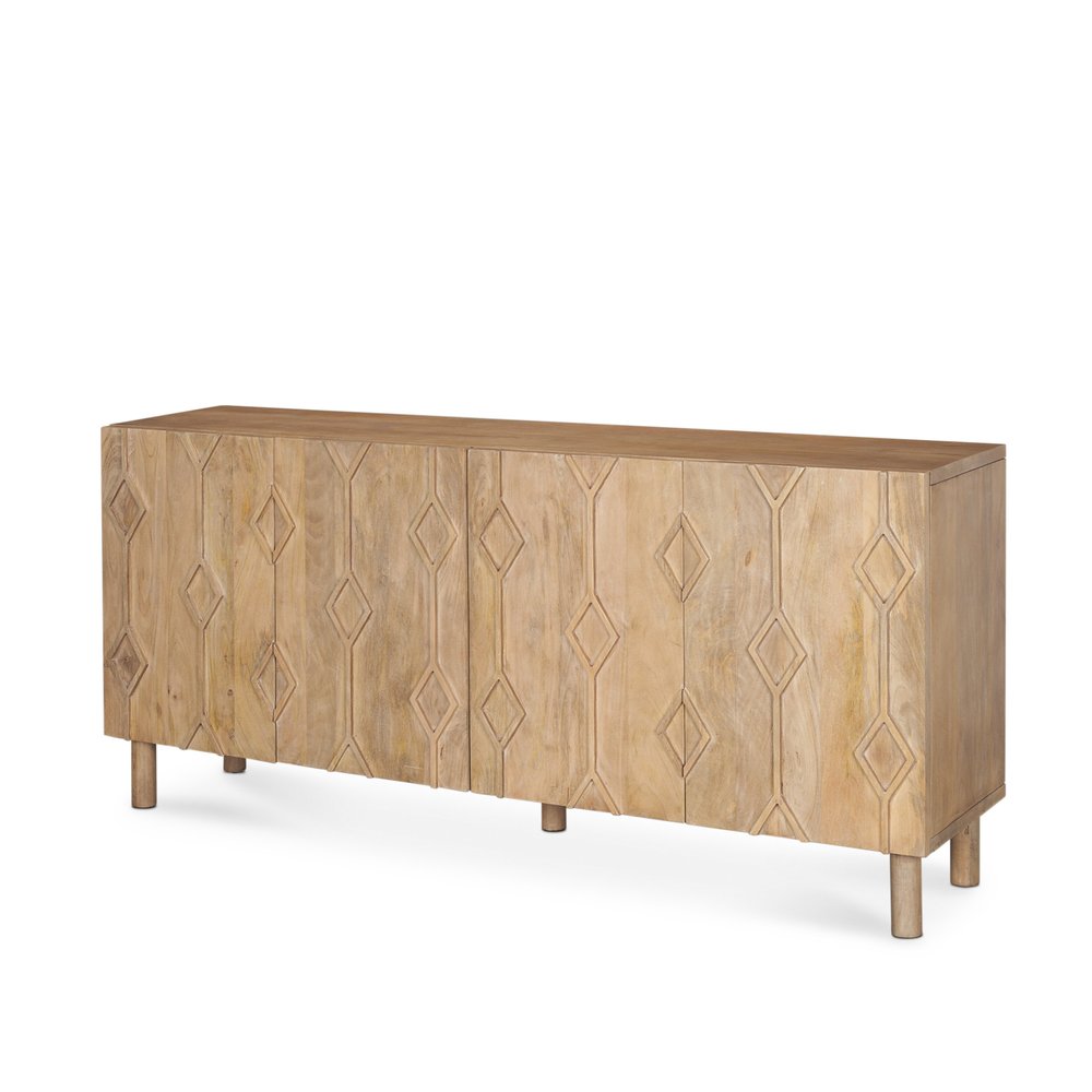 Light Brown Solid Wood Carved Geometric Sideboard Soft Close with Four Doors