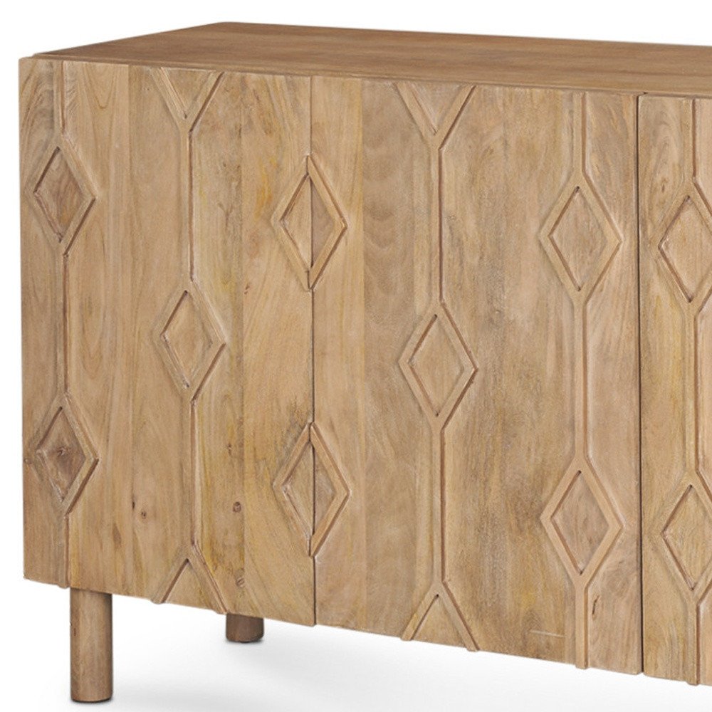 Light Brown Solid Wood Carved Geometric Sideboard Soft Close with Four Doors