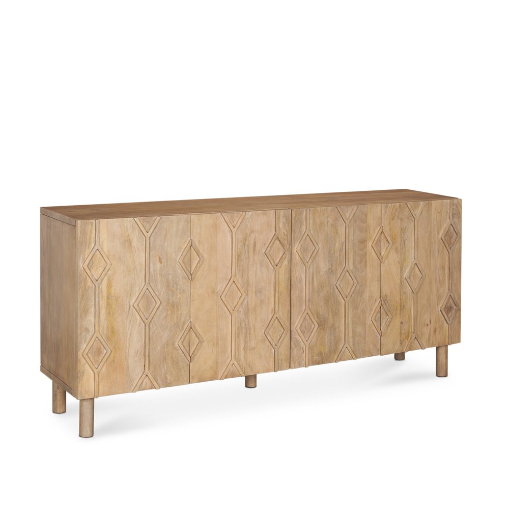 Light Brown Solid Wood Carved Geometric Sideboard Soft Close with Four Doors
